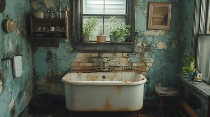 Grease-stained kitchen walls with peeling paint and mold spots