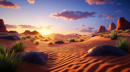 Naklejka premium Desert landscape at sunset with sand dunes rocks and vegetation under a starry sky