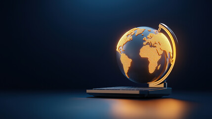 glowing digital globe emerges from laptop, symbolizing global connectivity and technological advancement. dark background highlights vibrant orange and yellow hues of globe, emphasizing innovation