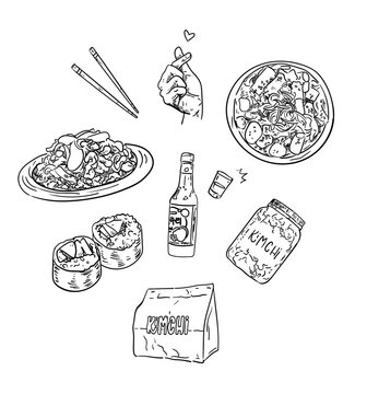 korean food: kimchi, kimbap, topokki and bulgogi. 