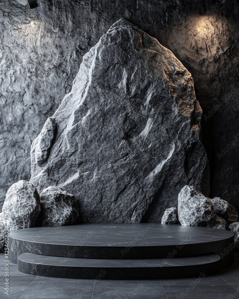 Poster dark stone platform with large rock backdrop and textured walls for product display or presentation