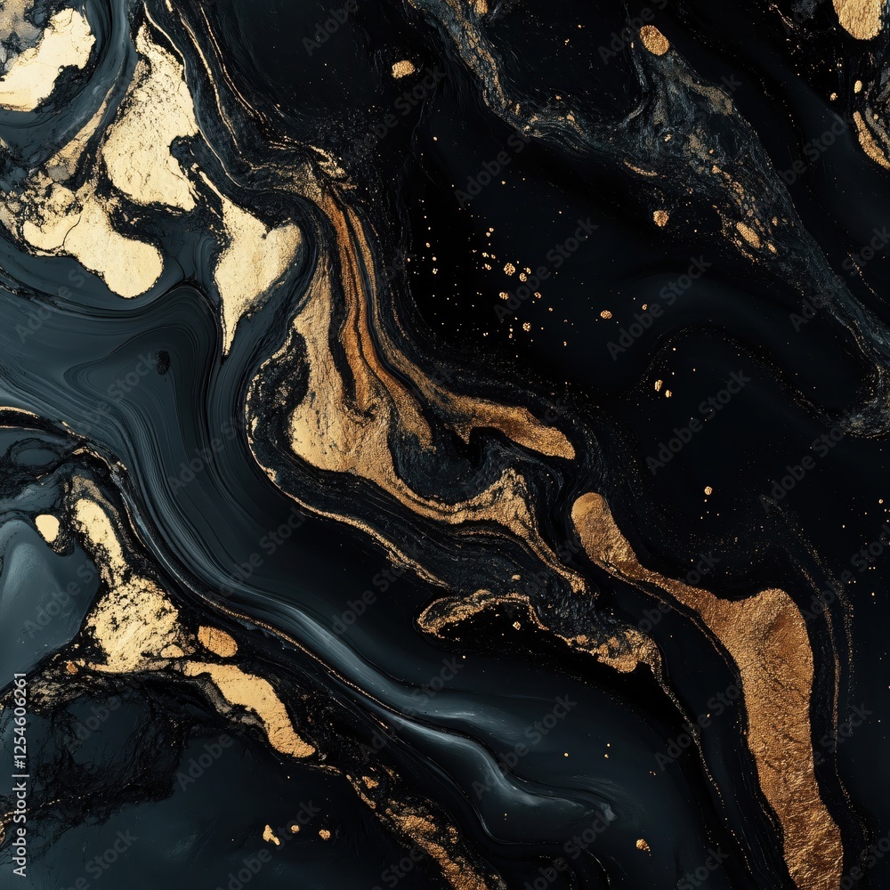 Poster abstract design of black and gold fluid art with swirling texture and elegant patterns