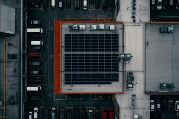 Solar panels atop building in parking lot using renewable clean energy generation