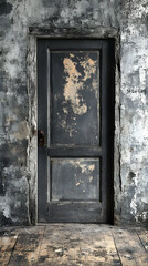 Aged Dark Wooden Door On A Gray Grunge Wall