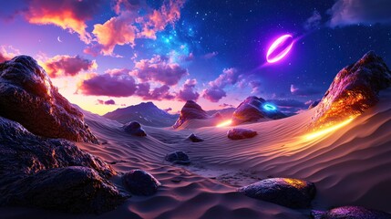 Surreal Desert Landscape with Glowing Planet and Stars Under a Colorful Sky at Sunset