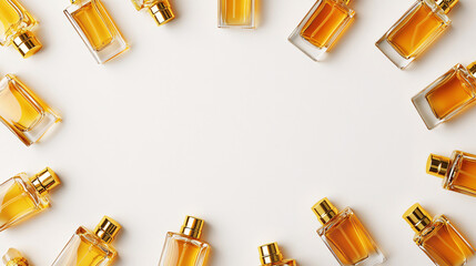 golden perfume bottles arranged on a white surface