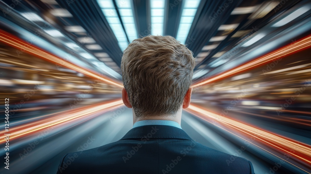 Poster visualizing the rapid digital transformation of the business world a futuristic fast paced depiction