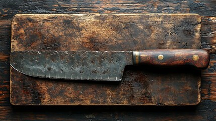 Rusty kitchen knife with a broken handle resting on a stained cutting board
