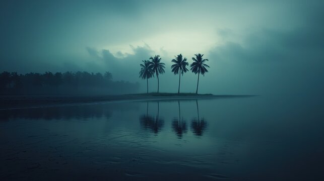 Serene tropical island with palm trees reflected in calm water under a misty sky