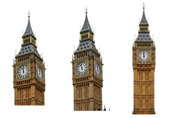 Big Ben clock tower in London with 3 three different views in a transparent background
