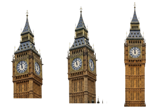 Big Ben clock tower in London with 3 three different views in a transparent background