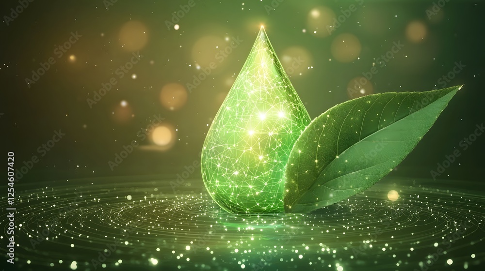 Poster sleek and modern representation of biofuel energy featuring a glowing neon green liquid drop with an