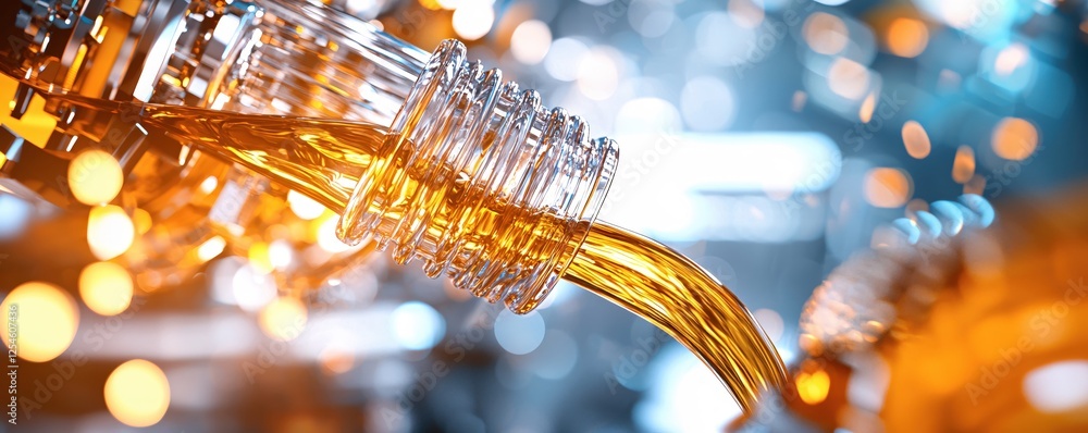 Poster golden liquid flowing from a glass bottle creating a mesmerizing abstract pattern and design