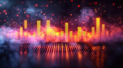 Vibrant sound wave visualization with glowing bars and colorful lights in a smoky atmosphere