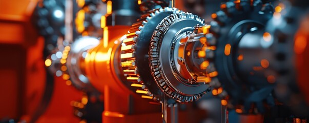 Fototapeta premium Detailed Close Up of Intricate Gears and Cogs with Orange and Blue Lighting Industrial Art