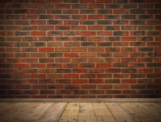 Old bricks wall and wooden floor background with vignette effect.