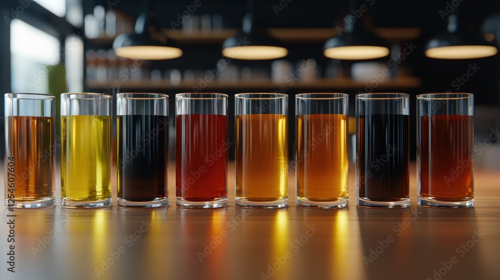 Poster row of refreshing beverages in glassware displaying a spectrum of colors and textures