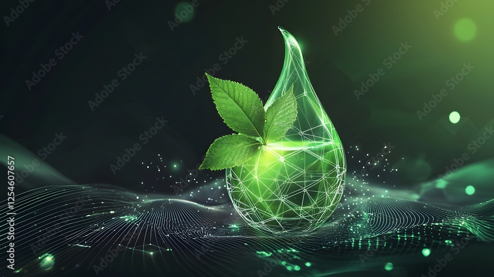 Poster visualization of biofuel energy featuring a vibrant green drop with a fresh dewdrop covered leaf att