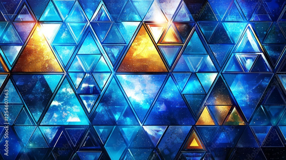 Poster abstract geometric pattern with blue and orange triangles on a futuristic background