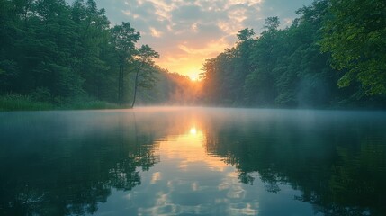 Sunrise over Misty Forest Lake