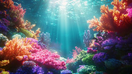Fototapeta premium Vibrant Coral Reef Ecosystem Illuminated by Sunbeams Underwater Marine Biodiversity Scene