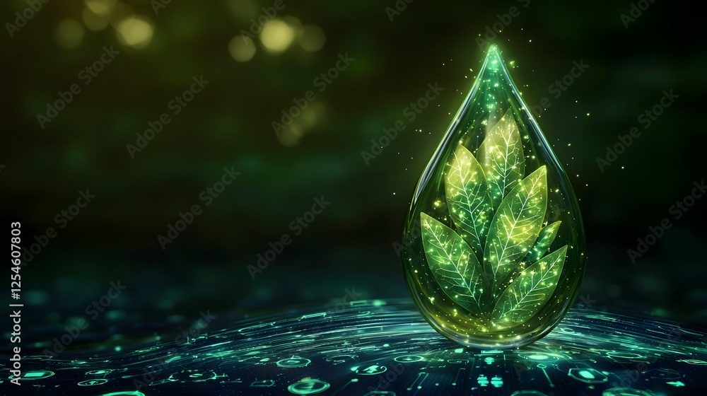 Poster luminous green biofuel droplet infused with leaf patterns pulsating with clean energy innovation