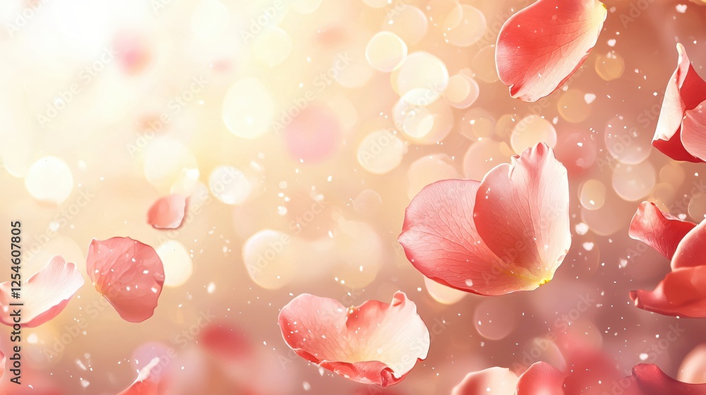 Poster delicate rose petals floating in a dreamy soft focus background with bokeh lights and warmth
