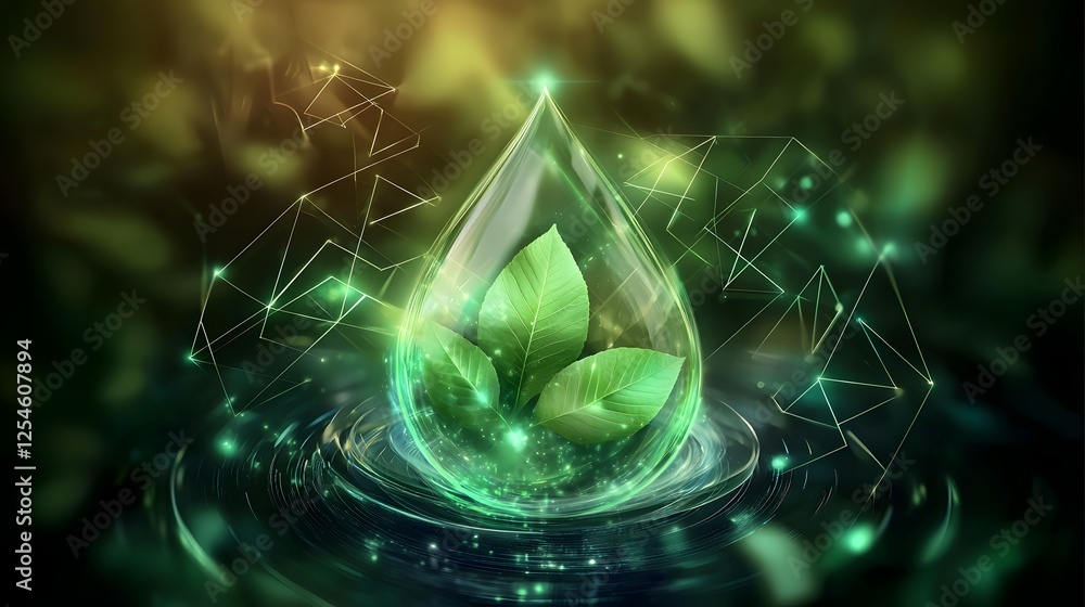Aufkleber Luminous Biofuel Droplet with Leaf Patterns Pulsating with Clean Energy in a Futuristic Green Technology Background Representing Renewable Fuel Innovation and Sustainable Development