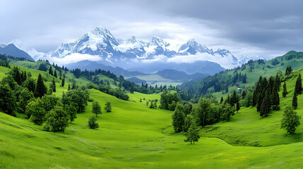Majestic Mountain Landscape Photo: Verdant Hills and Snowy Peaks