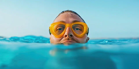 Man in yellow goggles swimming in blue water. Summer activities and water sports advertising