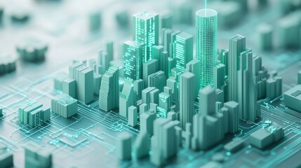 Obraz premium A futuristic cityscape rendered in green tones, resembling a circuit board, showcasing a blend of technology and urban architecture.