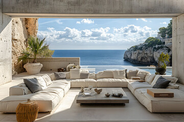 Fototapeta premium internal cute beach house with bog window, rustic wooden roof, blue windows, wooden porch, white walls with white rough rocks, sand and rocks on the shore, white sun loungers with pillows