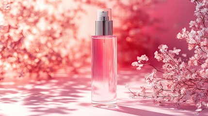 Elegant pink beauty product with floral backdrop.