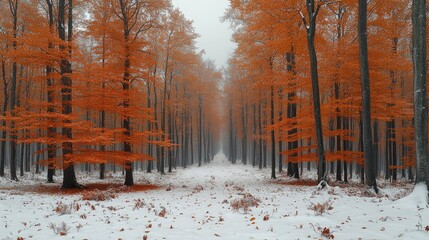 Serene autumn forest scene with vibrant orange leaves and a snowy ground, evoking tranquility