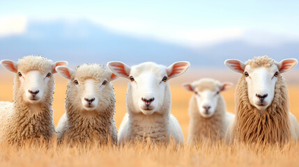 Fototapeta premium Sheep gazing in field, mountains background, farm animals