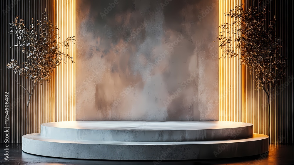 Poster elegant studio setup with artistic backdrop and illuminated stage for product display