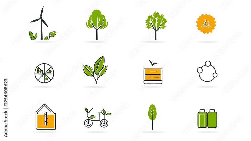 Poster minimalist featuring a set of 15 outline icons representing renewable energy sources and eco friendl