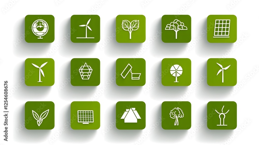Poster minimalist featuring a set of 15 outline icons representing green energy and renewable power sources