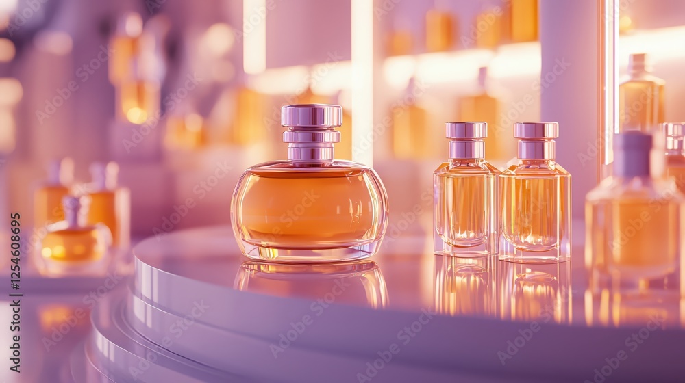 Poster elegant perfume bottles on display with a soft purple and orange color palette and smooth reflection