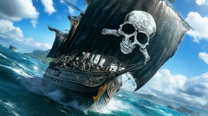 Large ship sailing on rough sea, dramatic waves, dark ship hull, skull and crossbones flag billowing in wind, cloudy sky, ocean background, digital