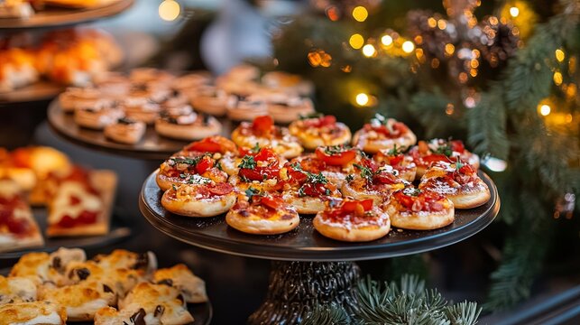 An array of mini pizzas with creative toppings, displayed on a festive table digital