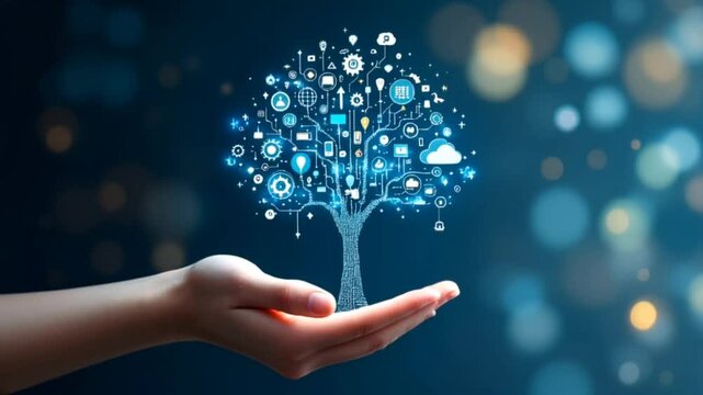 Hand holding a glowing digital tree with technology icons, symbolizing innovation, growth, and connectivity  
