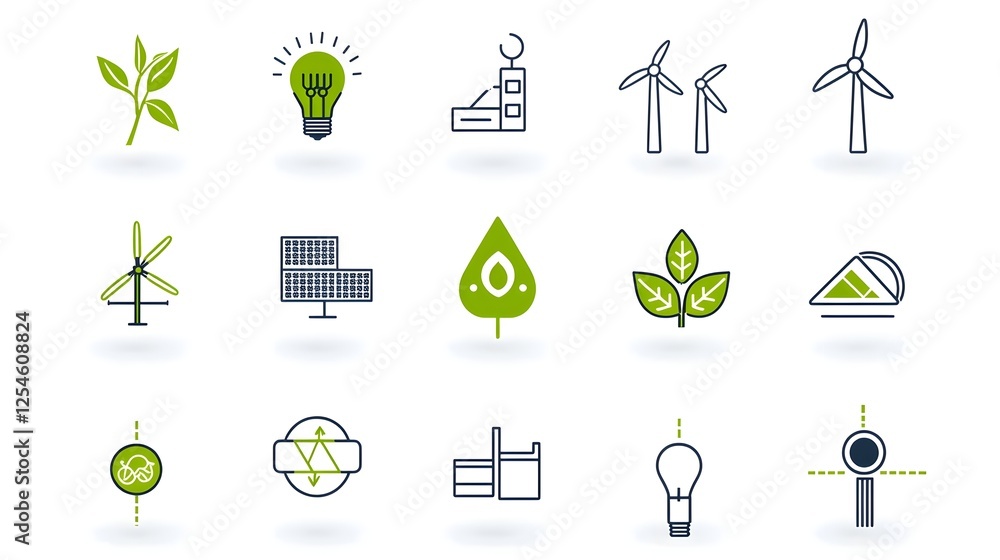 Poster cohesive line art featuring a set of 15 minimalistic green energy icons in a clean uniform aesthetic
