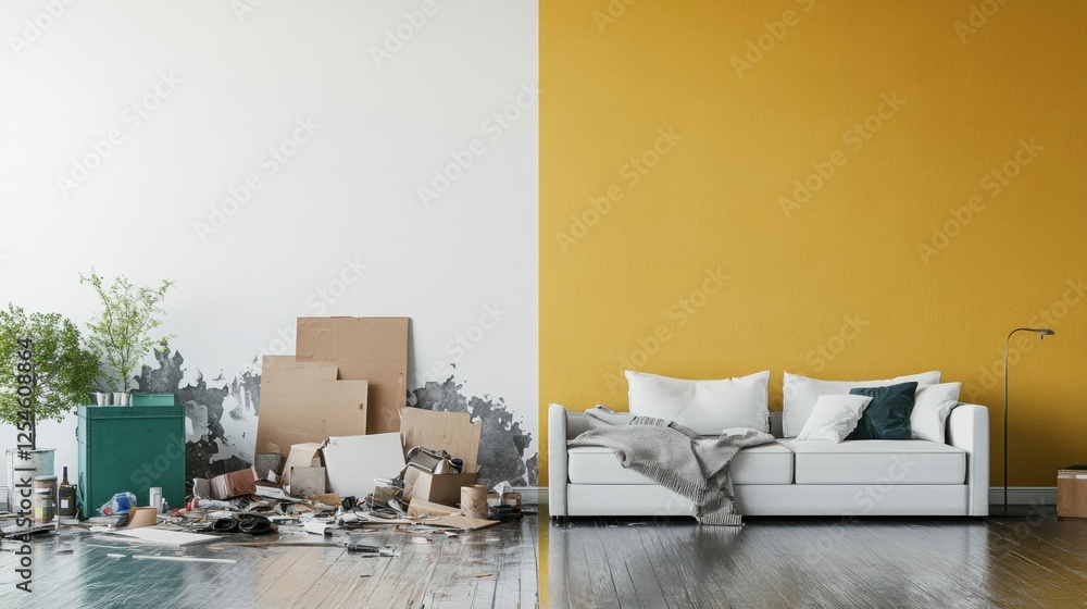 Poster contrasting interior spaces showcase cluttered chaos beside a sleek and tidy environment. generative
