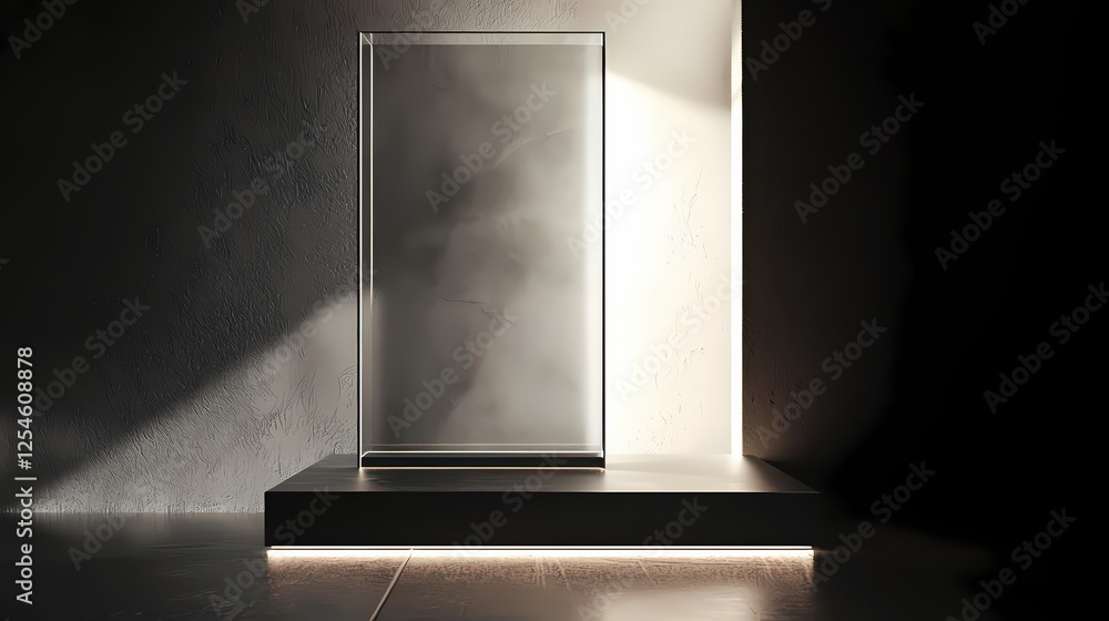Poster minimalist showcase of a glass display case on a platform with light and shadow interplay