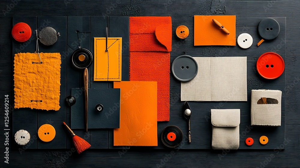 Poster textural mood board featuring a vibrant arrangement of fabric swatches color palettes and buttons cr