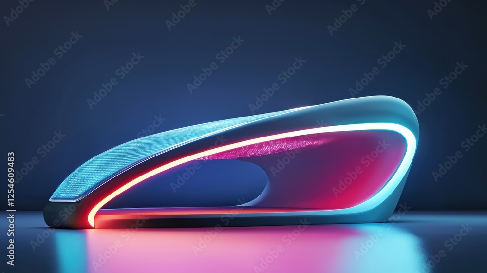 Poster futuristic platform with neon lights and gradient colors for product display or presentation