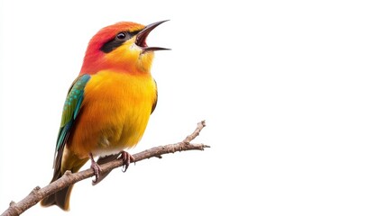 Fototapeta premium A vibrant bird with a striking red, yellow, and green plumage perched on a branch, singing.