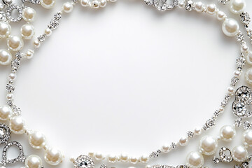 white pearl and rhinestone jewelry frame border on white background