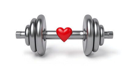 Fototapeta premium A simple 3D render of a dumbbell with a heart symbol, symbolizing physical fitness and health, placed on a plain white background.